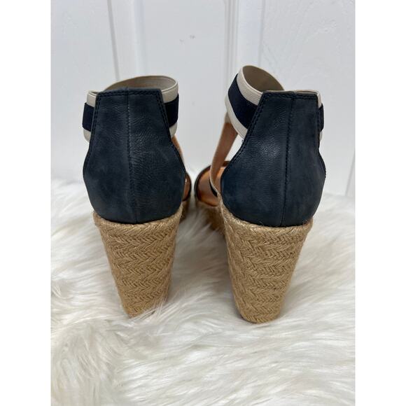 Paul Green Navy & Beige Striped Crisscross Espadrille Sandal Wedges 9.5 - Picture 5 of 7